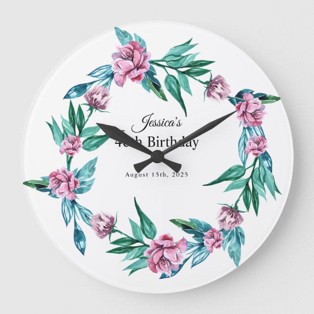 Romantic Feminine Floral 40th Birthday Large Clock (Front)