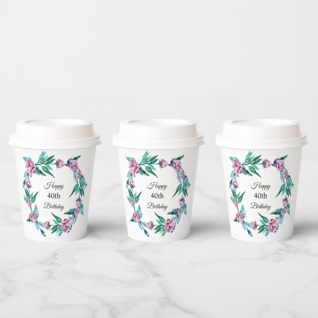 Romantic Feminine Floral 40th Birthday Paper Cups (Multi)