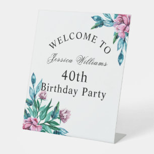 Romantic Feminine Floral 40th Birthday Pedestal Sign