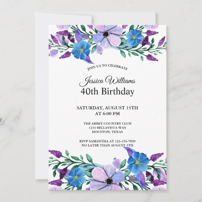 Romantic Feminine Mixed Floral 40th Birthday  Invitation (Front)