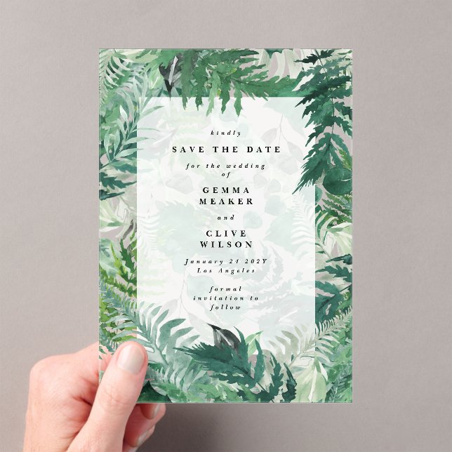 Romantic Ferns Leafy Greenery Save The Date Acrylic Invitations (Insitu (Handheld))