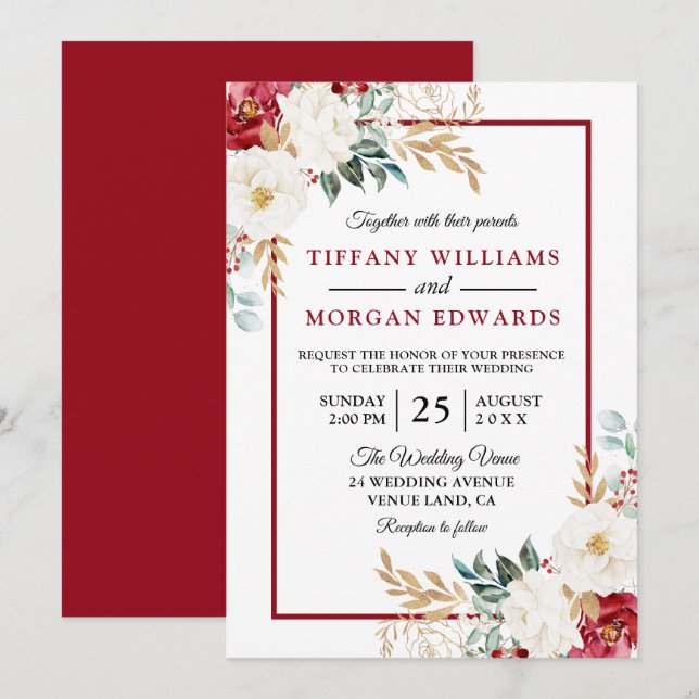 Romantic Festive Red White Green Floral Wedding Invitation (Front/Back)