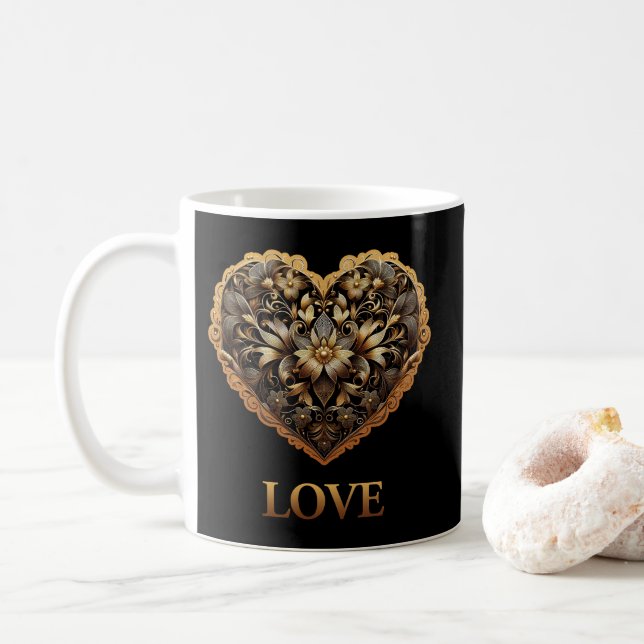 Romantic filigree gold heart with Love word Coffee Mug (With Donut)