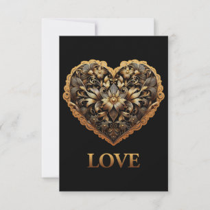Romantic filigree gold heart with Love word Thank You Card