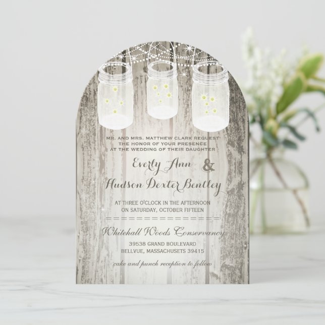 Romantic Firefly Mason Jar Wedding Invitation (Standing Front)