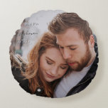 Romantic First Year Custom Photo Round Cushion<br><div class="desc">Remember your first Christmas with a holiday photo, or one from your engagement or wedding. Your favourite photo, and personalisations can be whatever name, date or event you wish to place in the 2 text boxes. Handwritten look. Replace stock photo with your own, reverses to burgundy magenta colour with your...</div>