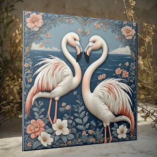 Romantic Flamingo Couple Art Deco Blue Pond Floral Tile
