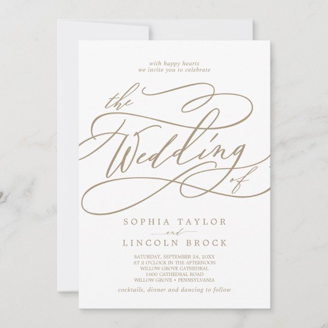 Romantic Flat Gold Calligraphy All In One Wedding Invitation (Front)