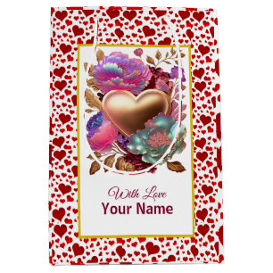 Romantic Floral and Gold Heart Medium Gift Bag