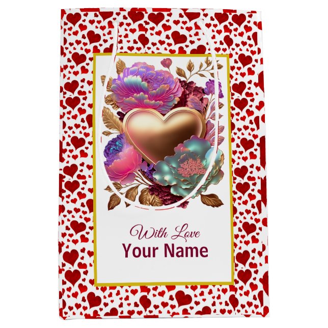 Romantic Floral and Gold Heart Medium Gift Bag (Front)