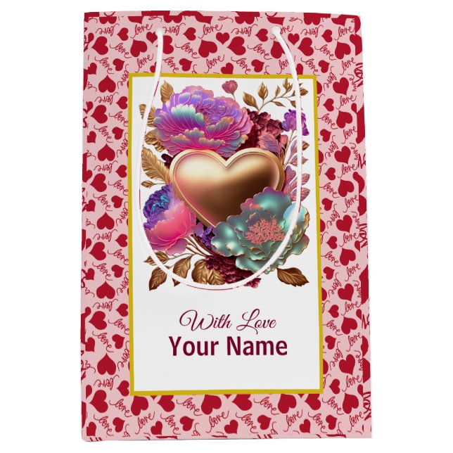 Romantic Floral and Gold Heart Medium Gift Bag (Front)