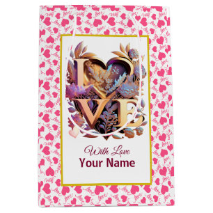 Romantic Floral and Gold Heart Medium Gift Bag