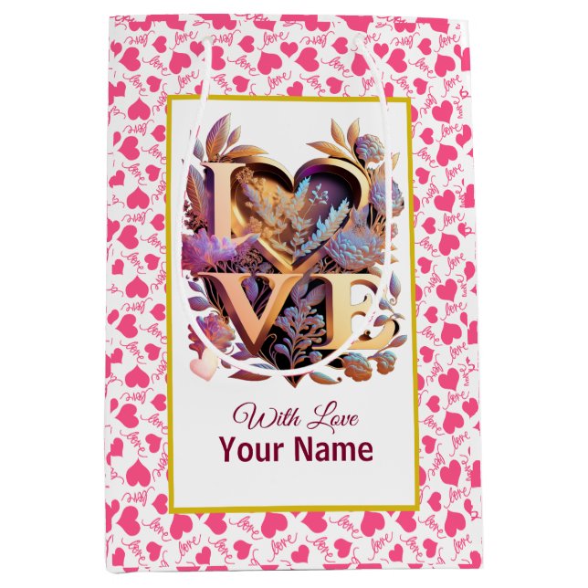 Romantic Floral and Gold Heart Medium Gift Bag (Front)