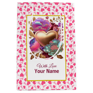 Romantic Floral and Gold Heart Medium Gift Bag