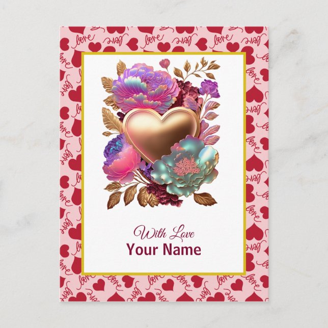 Romantic Floral and Gold Heart Postcard (Front)