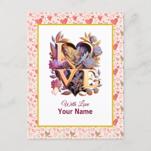 Romantic Floral and Gold Heart Postcard