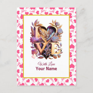 Romantic Floral and Gold Heart Postcard