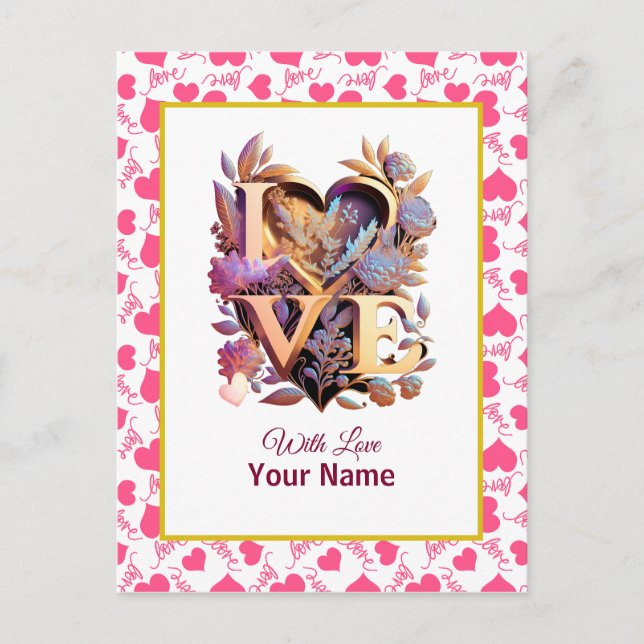 Romantic Floral and Gold Heart Postcard (Front)