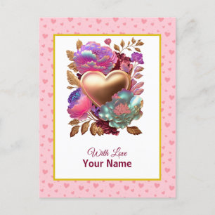 Romantic Floral and Gold Heart Postcard