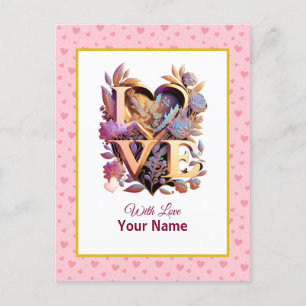 Romantic Floral and Gold Heart Postcard