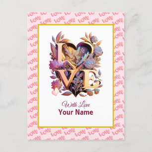 Romantic Floral and Gold Heart Postcard
