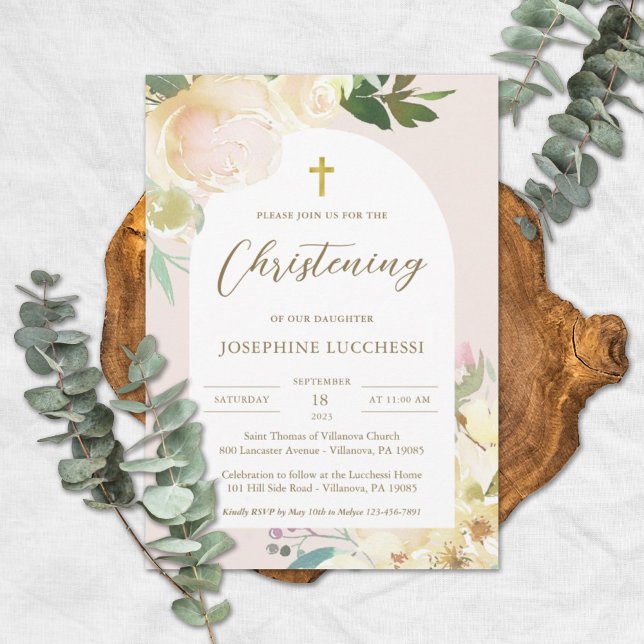 Romantic Floral Arch Girls Christening Invitation (Creator Uploaded)