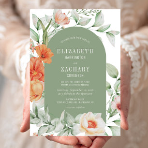 Romantic Floral Arch Peach Sage Green Wedding Invitation