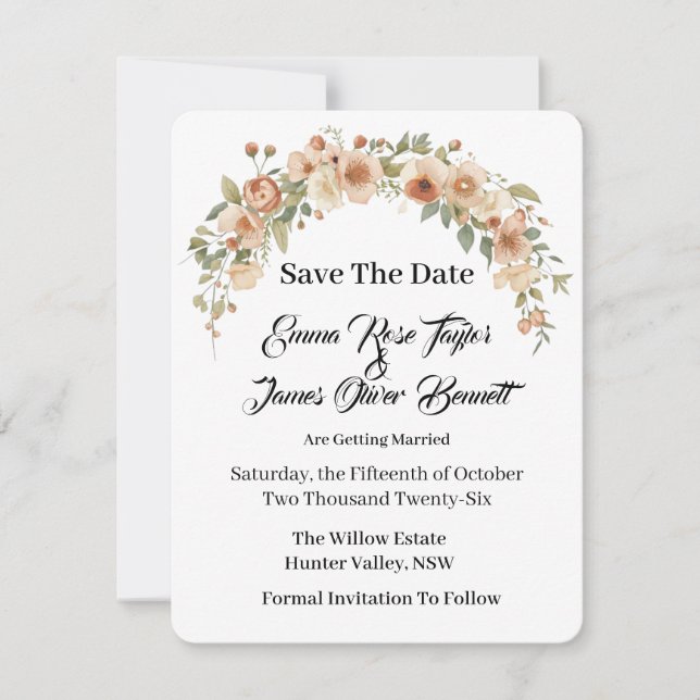 Romantic Floral Arch Save the Date Card (Front)