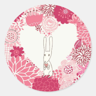Romantic floral background with cute rabbit classic round sticker