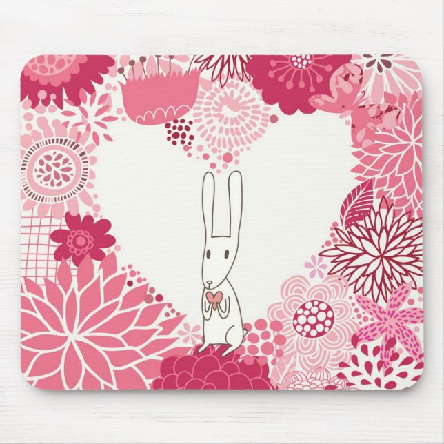 Romantic floral background with cute rabbit mouse mat (Front)