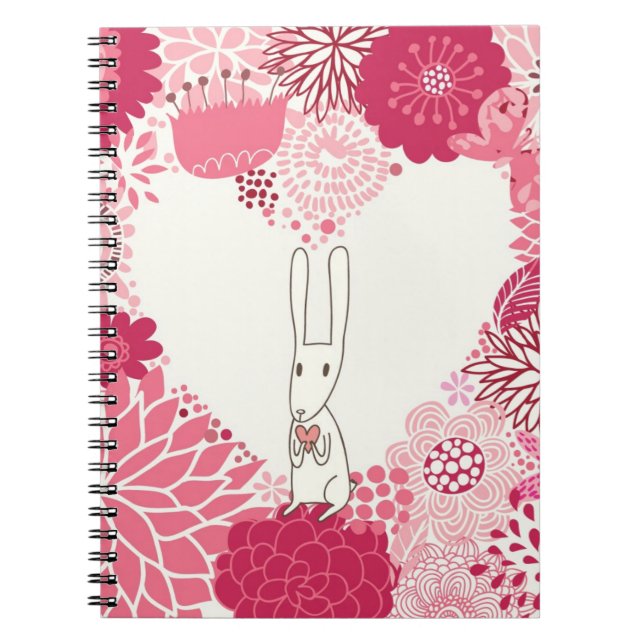 Romantic floral background with cute rabbit notebook (Front)