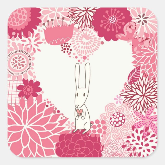 Romantic floral background with cute rabbit square sticker (Front)