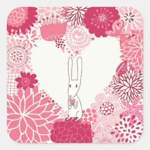 Romantic floral background with cute rabbit square sticker