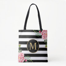 Romantic Floral Black White Stripes Monogram