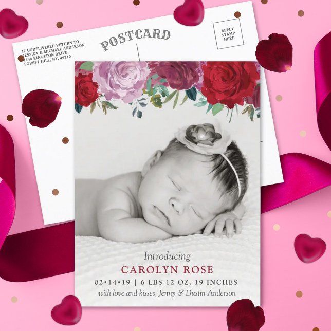 Romantic Floral Blooms Photo Birth Announcement (Creator Uploaded)