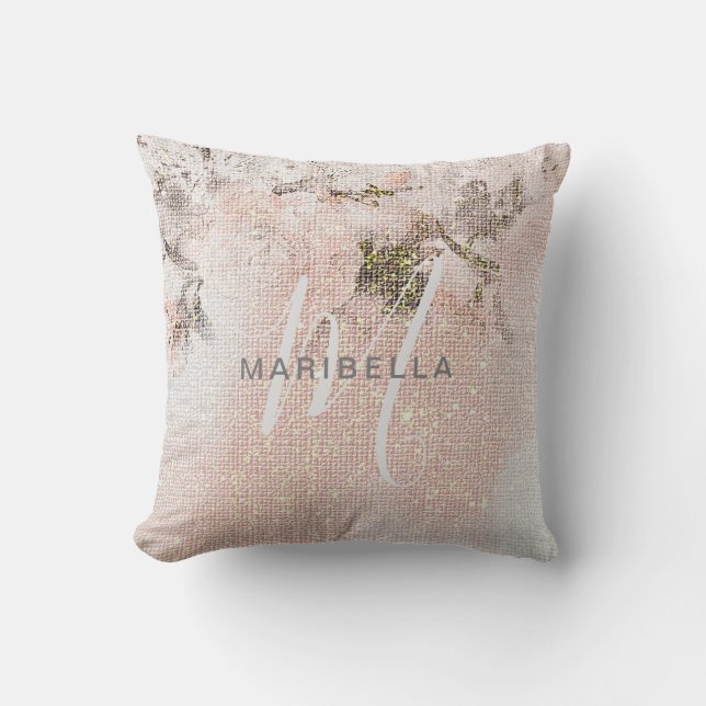 Romantic Floral Blush-Pink Monogram Calligraphy Cushion (Front)