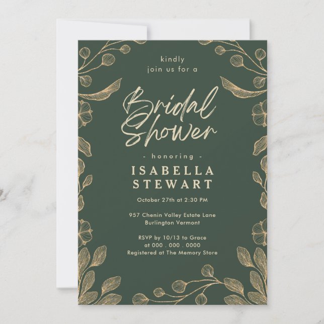 Romantic Floral Botanical Dark Green Bridal Shower Invitation (Front)