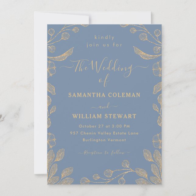 Romantic Floral Botanical Periwinkle Wedding Invitation (Front)