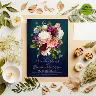 Romantic Floral Bouquet Emerald Green Gold Wedding Invitation