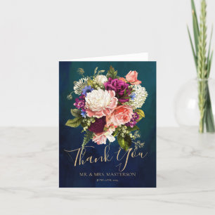Romantic Floral Bouquet Emerald Green Gold Wedding Thank You Card
