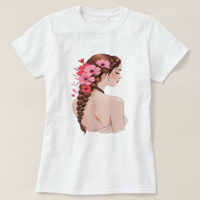 Romantic Floral Braid with Roses T-Shirt (Design Front)
