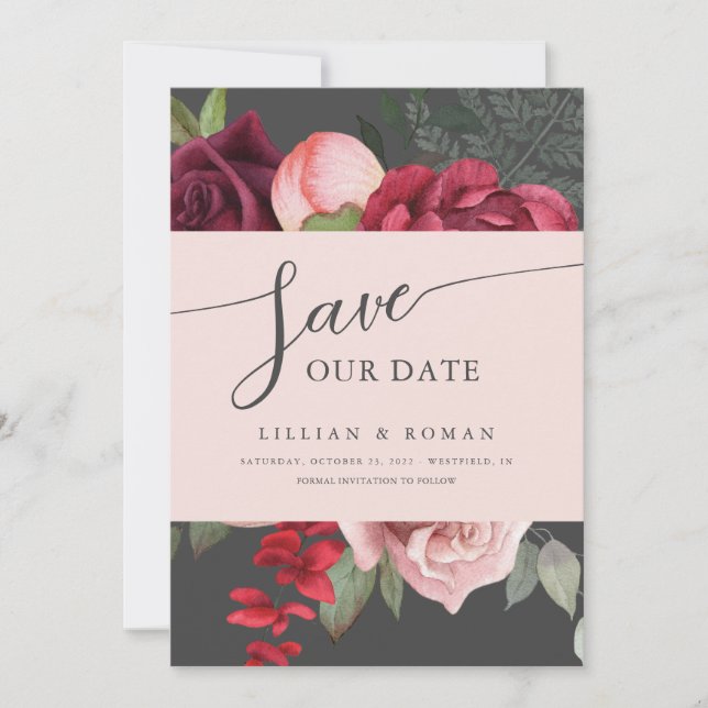 Romantic Floral Bridal Bouquet Pink & Grey Wedding Save The Date (Front)