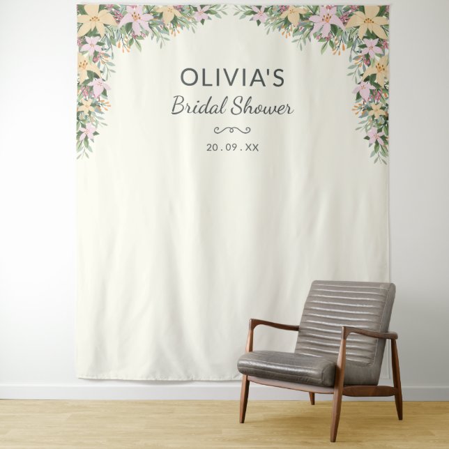 Romantic Floral Bridal Shower Backdrop Tapestry (In Situ)