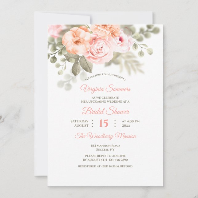 Romantic Floral Bridal Shower White Invitation (Front)