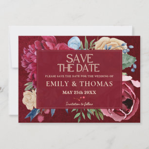 Romantic Floral Burgundy & Navy With Photo Save The Date