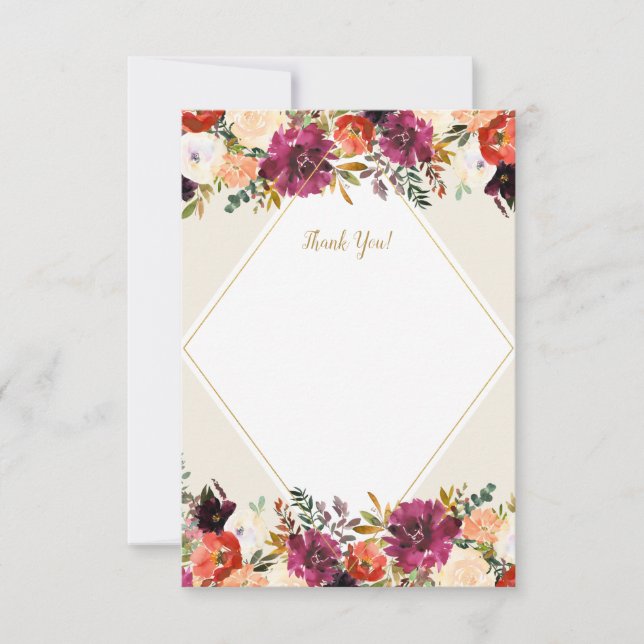 Romantic Floral Burgundy + Peach Stationery Thank You Card (Front)