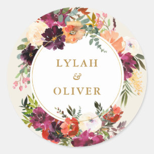 Romantic Floral Burgundy + Peach Wedding Classic Round Sticker