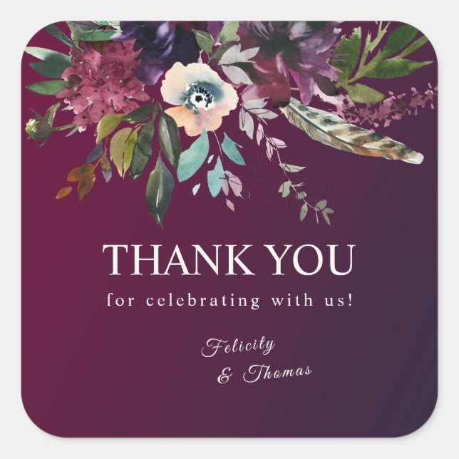 Romantic Floral Burgundy Washed Thank You Square Sticker (Front)