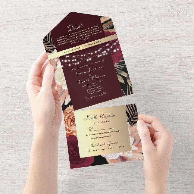 Romantic Floral Burgundy Wedding All In One Invitation (Tearaway)