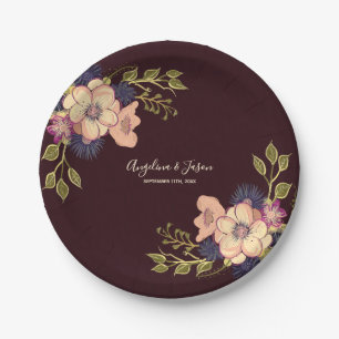 Romantic Floral Burgundy Wedding Paper Plate